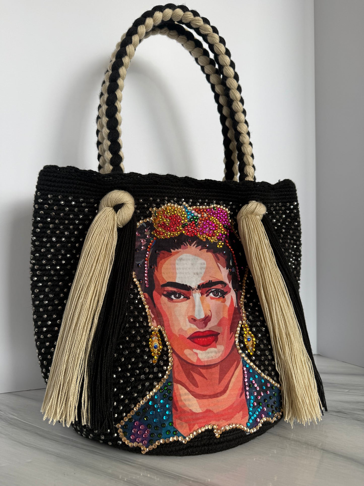 Wayuu Frida Rapunzel Large Tote Bag Handmade Artisan  with Braided Strap 12” Height Statement Bag