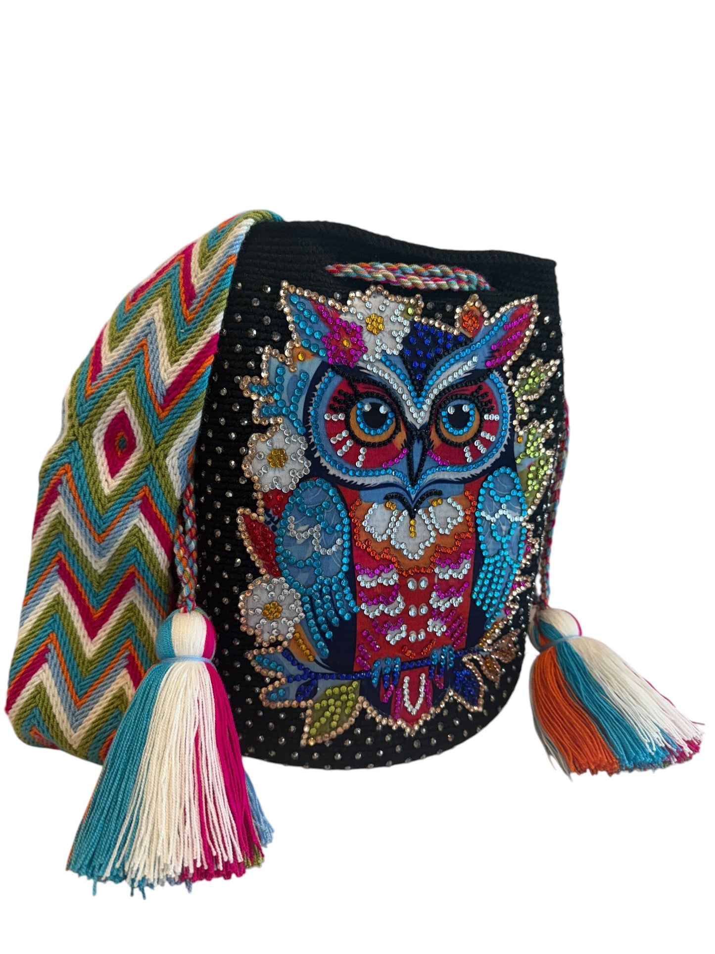 Large Handmade Crochet Owl Bag Colorful Wayuu Crossbody Bucket Bag Owl Collection | Zafira Complements