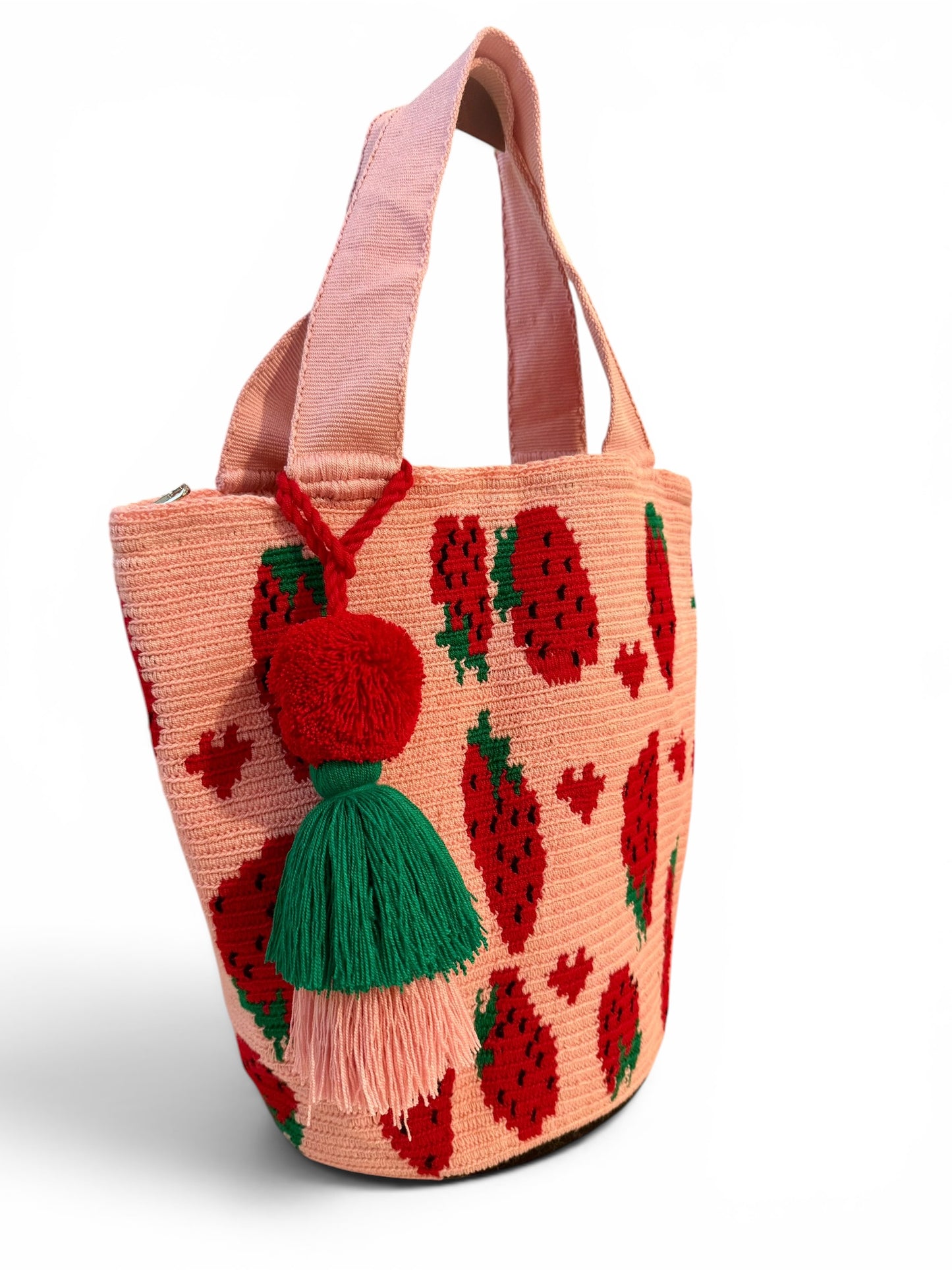 Wayuu XL Handwoven Cherry and strawberries Tote Bag Inner lining, sliding and ornament pompom
