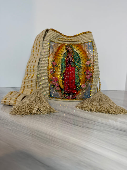 Crossbody Bucket Bag Wayuu Virgin of Guadalupe Decorated cream Details Handmade