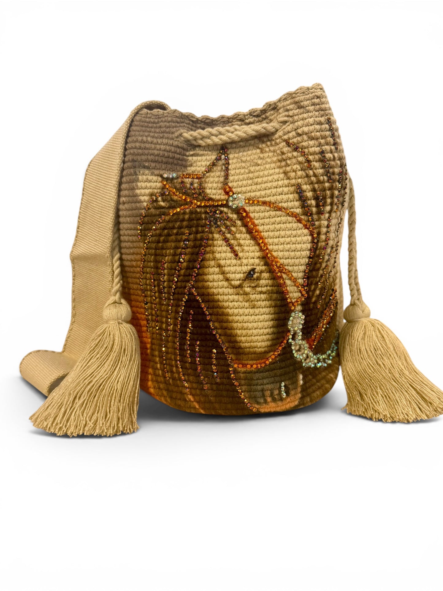 Large Handmade Horse Wayuu Bag | Luxury Crochet Bucket Bag with Crystal Details & Wide Strap