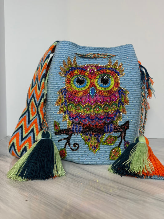 Wayuu Bag L Owl Decorated Blue Unique Handmade Artisan Bag