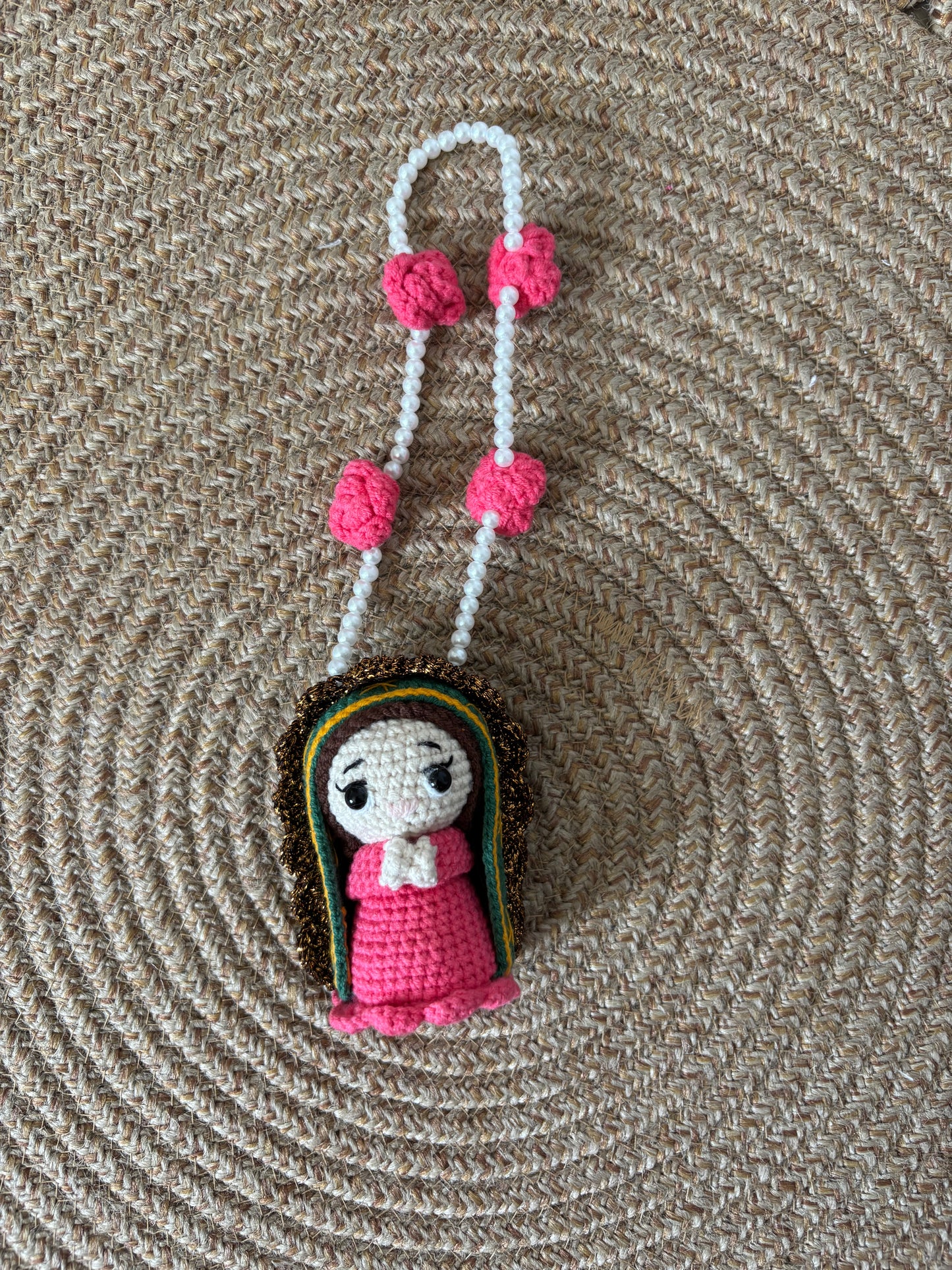 Crochet Virgin of Guadalupe keychain charm – Handmade spiritual accessory