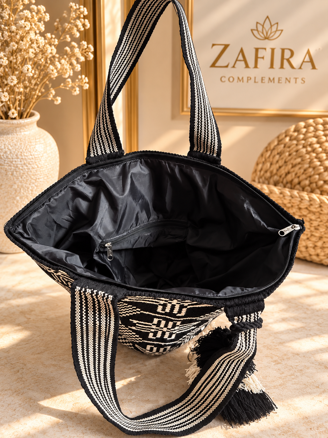 Wayuu XL Handwoven Tote Bag Inner lining, sliding and ornament (pompom)