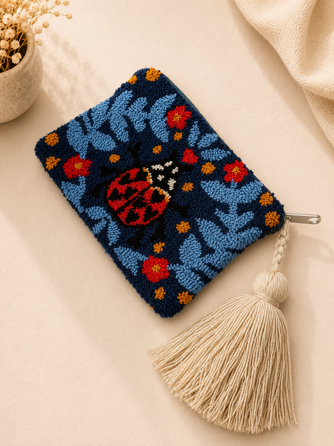 Handmade Tufted Mini Clutch Wallet 6” x 4” | Embroidered Zipper Coin Purse with Tassel