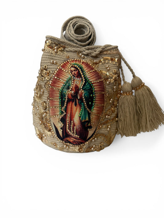Medium Wayuu Bucket Bag Embroidered Virgin of Guadalupe | Handmade Crossbody with Tassels