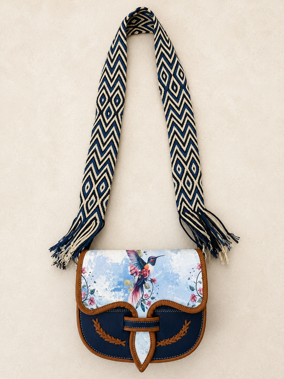 Hand Painted Genuine Leather Carriel Bag with Hummingbird | Adjustable Wayuu Crochet Strap
