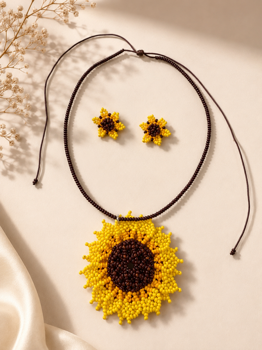Handmade set Necklace + earrings Artisan Floral Statement Necklace Seed Bead Jewelry for Women