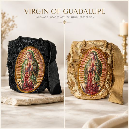Medium Wayuu Bucket Bag Embroidered Virgin of Guadalupe | Handmade Crossbody with Tassels