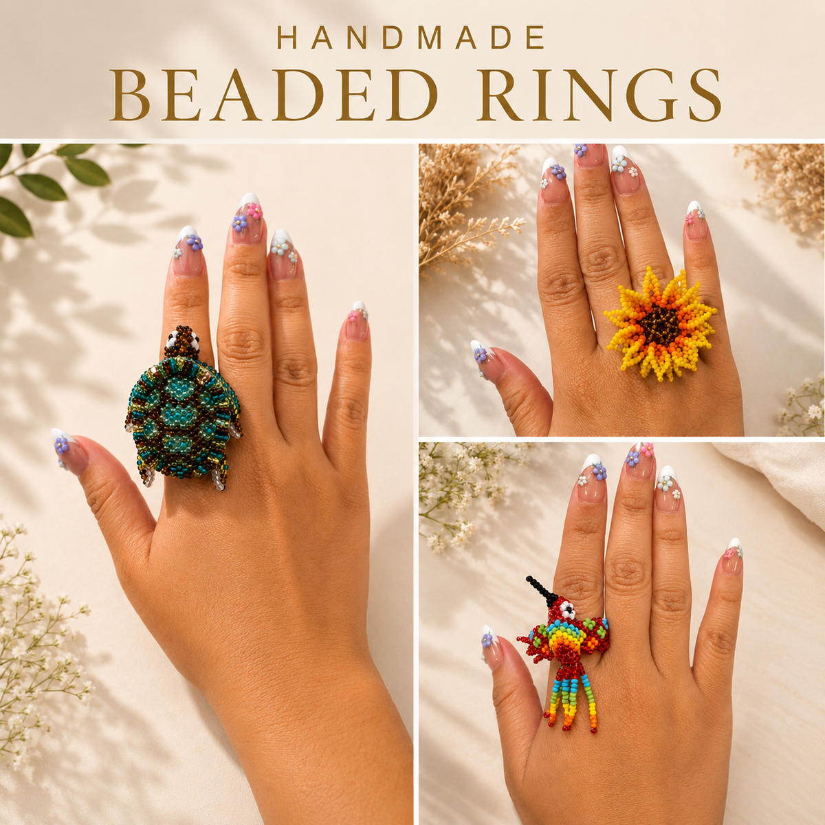 Handmade Beaded Sea Turtle and Butterfly Ring | Adjustable Statement Seed Bead Ring | Ocean Animal Jewelry Gift