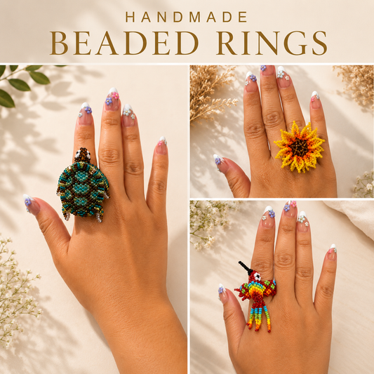 Handmade Beaded Sea Turtle and Butterfly Ring | Adjustable Statement Seed Bead Ring | Ocean Animal Jewelry Gift