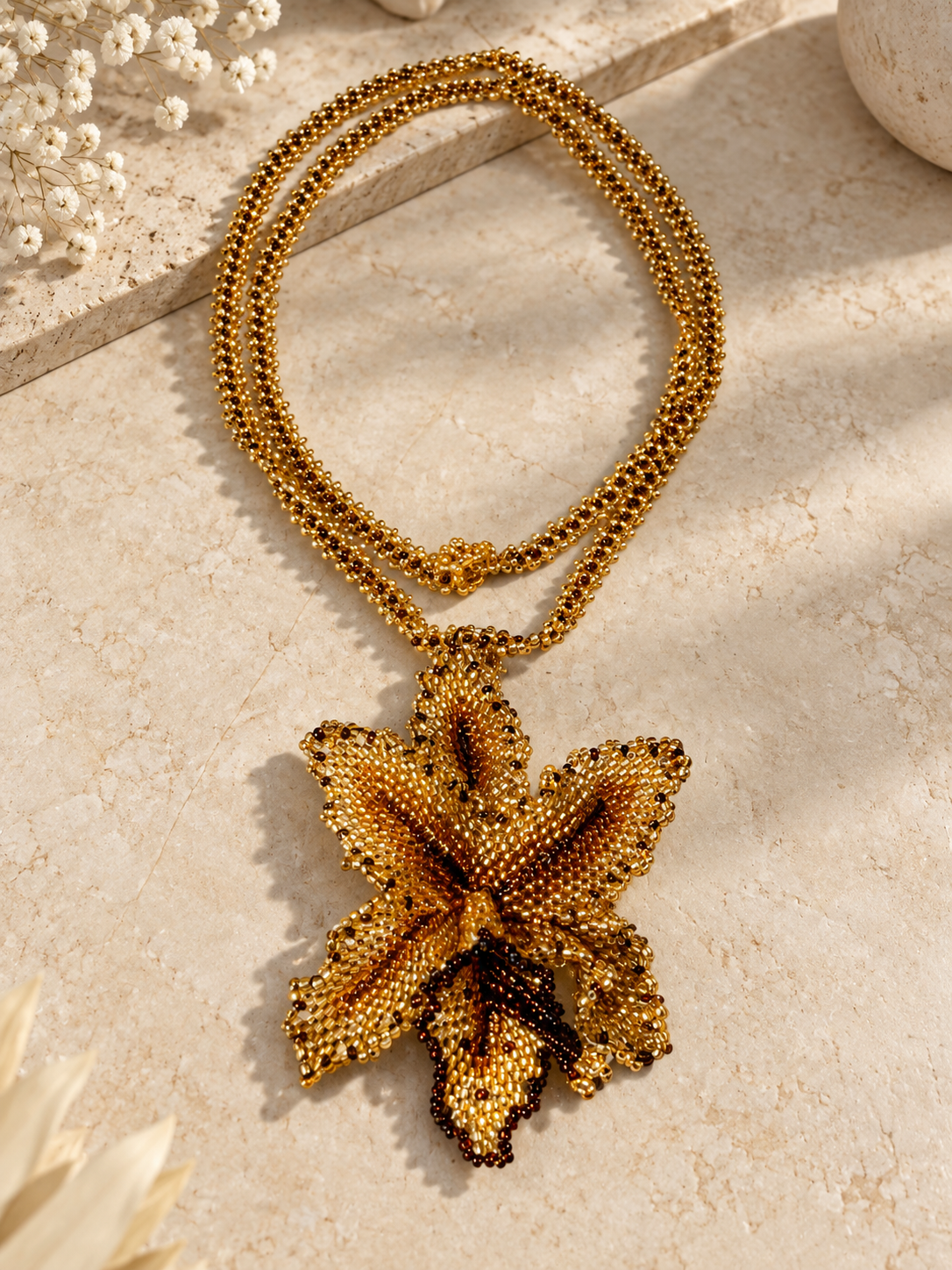 Handmade Orchid Beaded Necklace – Elegant Seed Bead Flower Pendant Jewelry