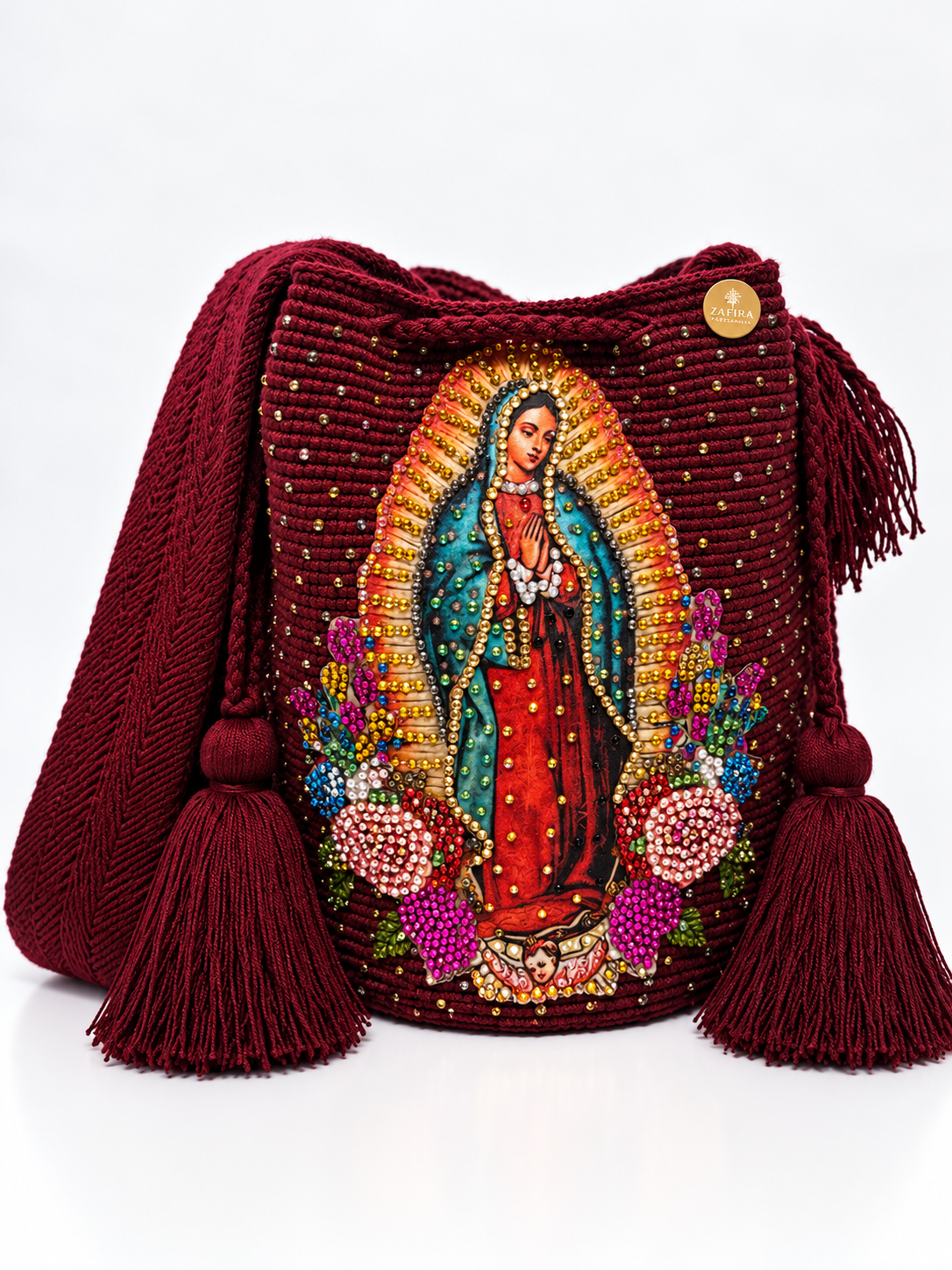 Large Wayuu Bag Virgin of Guadalupe  Decorated Details Handmade